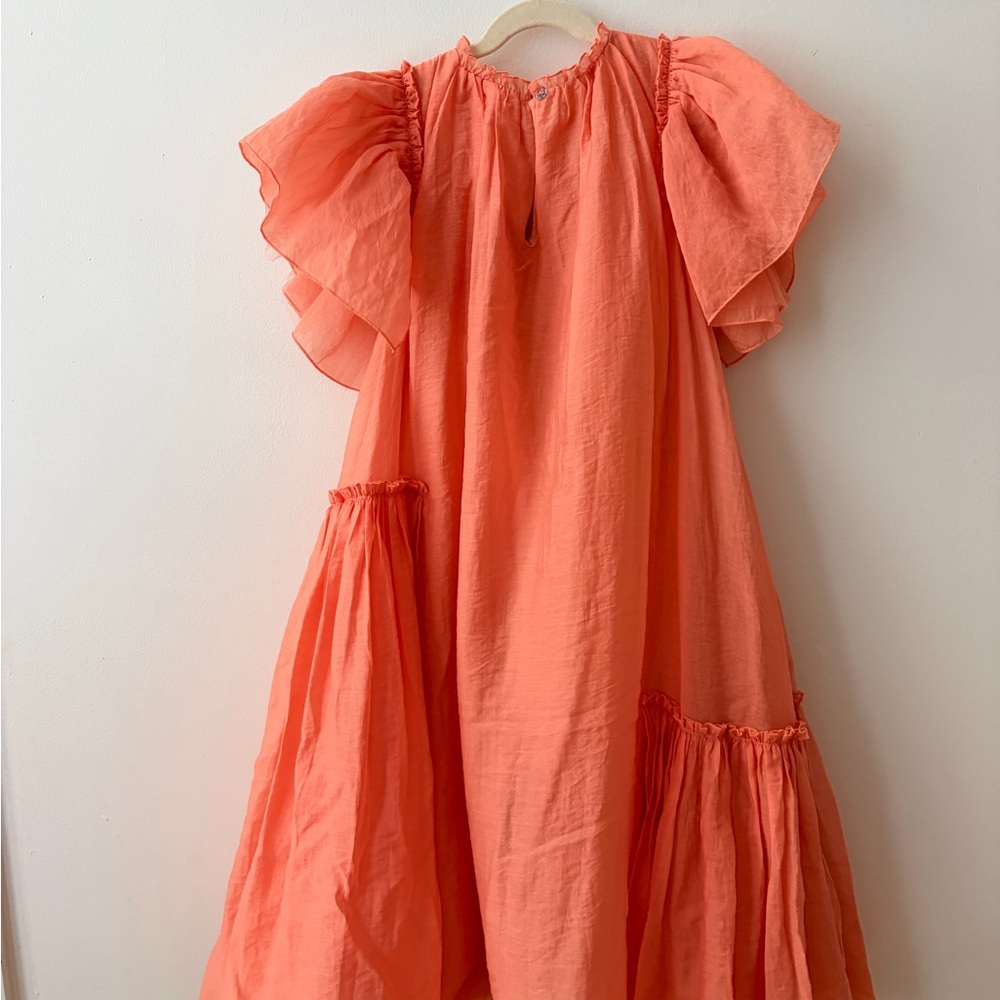 Girls Coral Ruffle Sleeve Casual Dress